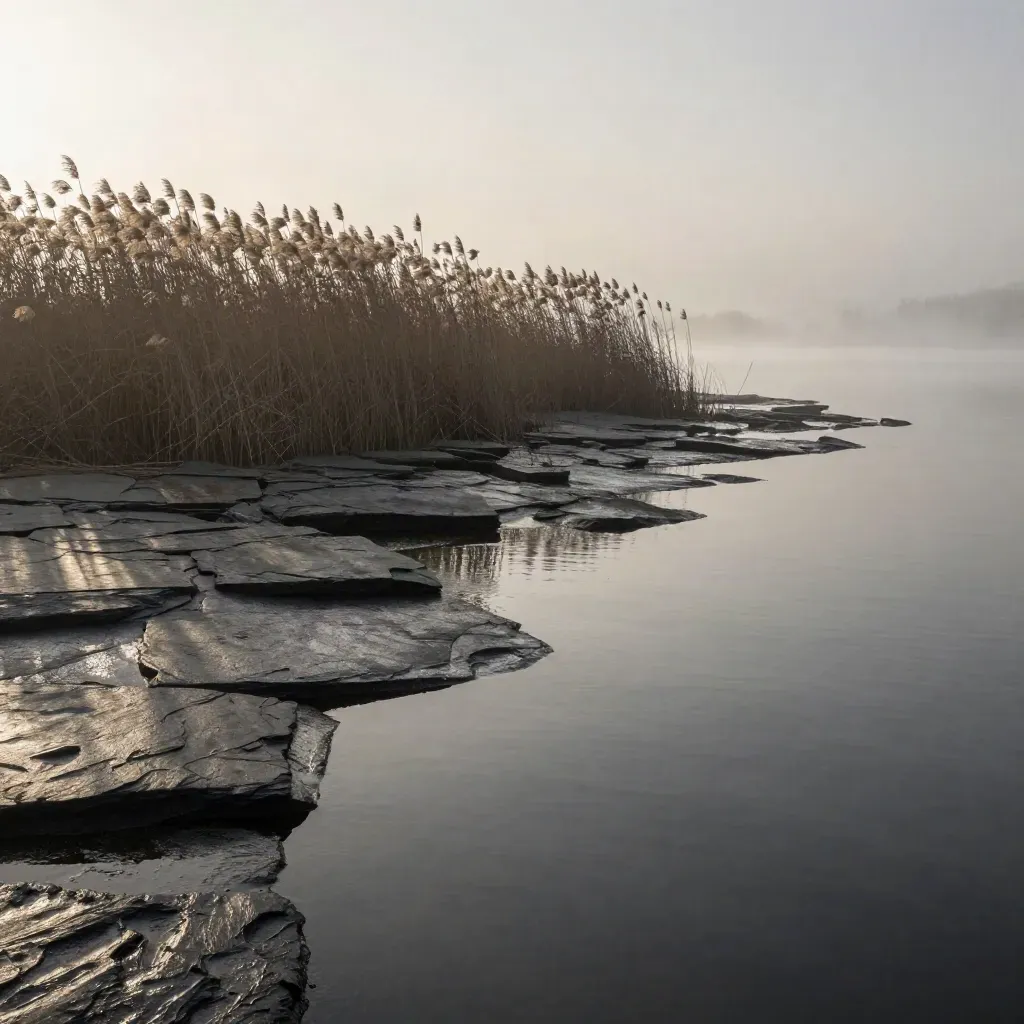 Slate shoreline at dawn with reeds, tide pools, and misty calm water.
