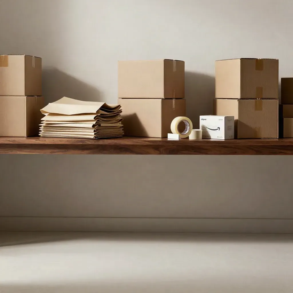Warm studio interior with stacked launch boxes, pale plaster wall and calm copy space.