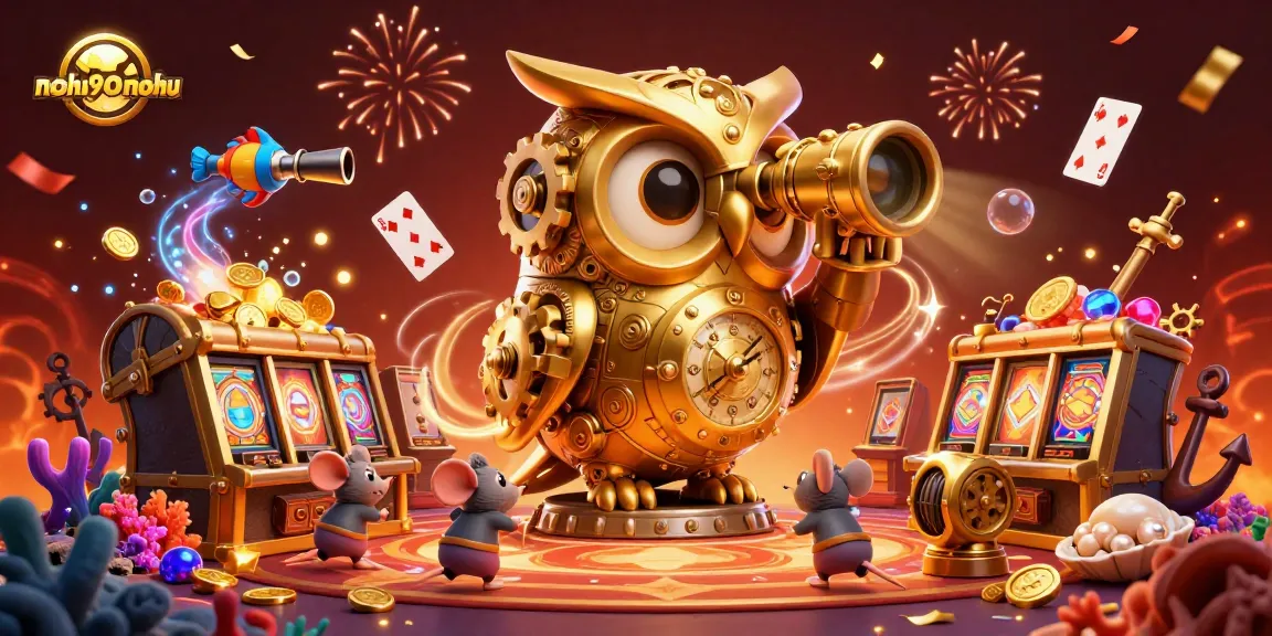 Engage in thrilling play at nohu90nohu with our 3D golden owl mascot amidst a vibrant casino atmosphere.