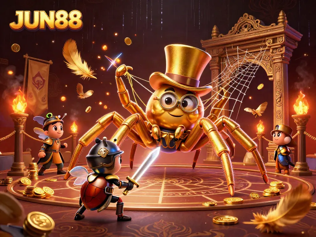 Experience thrilling gameplay with the JUN88 giant tarantula weaving a golden thread in the casino world.