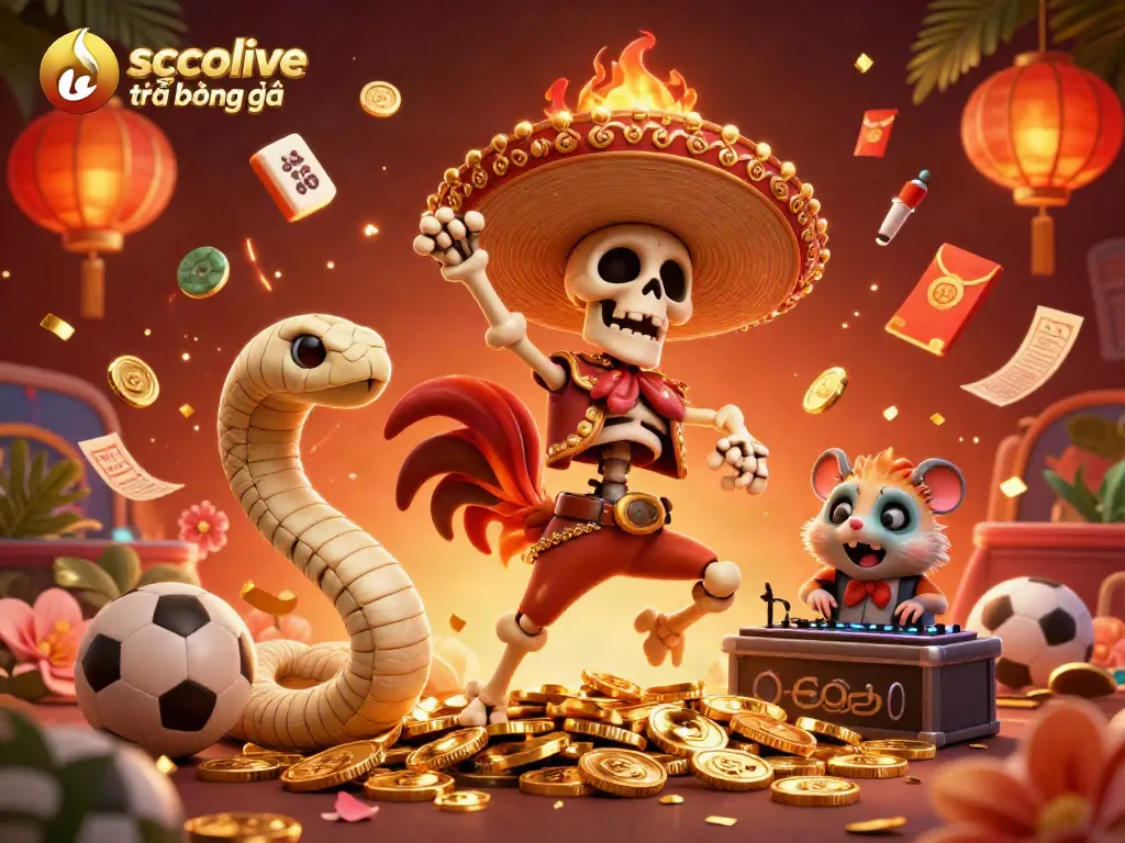 Socolive trực tiếp bóng đá illustration featuring a lively animated scene with a mariachi rooster, mummy snake, and zombie hamster DJ surrounded by sports betting elements and rich gold coins.