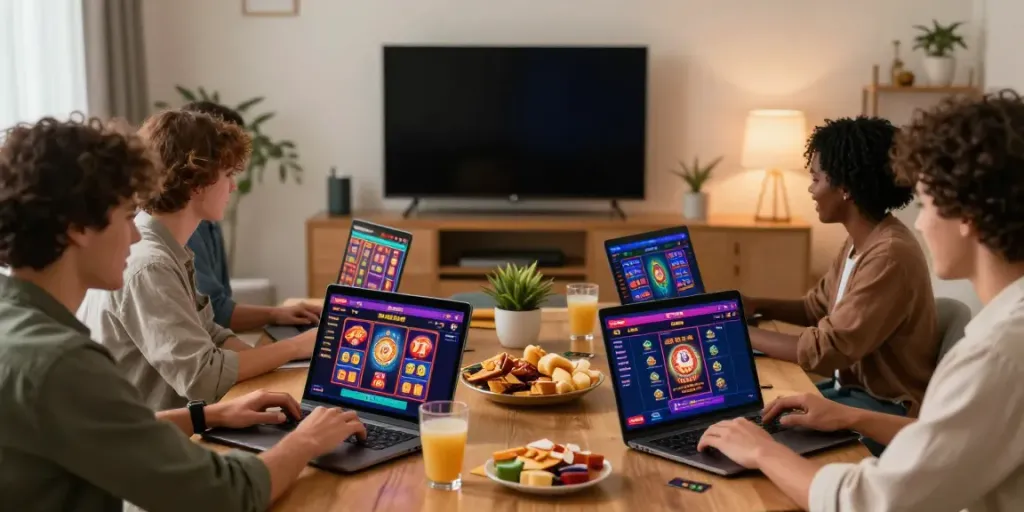 Enthusiastic players enjoying online credit card casinos in a cozy home setting, showcasing diverse gaming options.