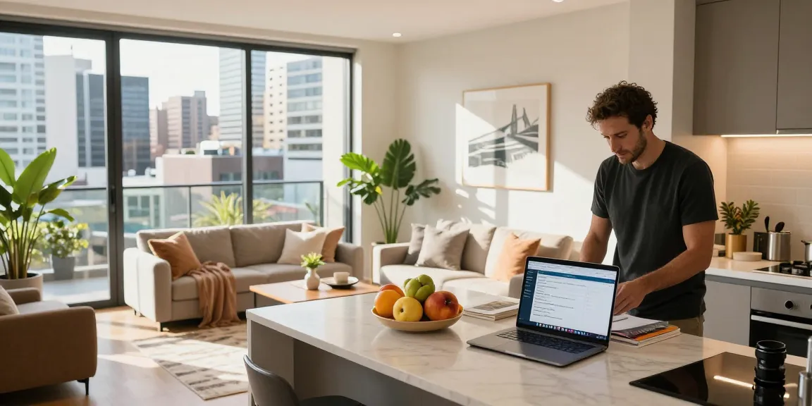 Airbnb co-host services in Sydney showcased in a stylish rental space with Antoun preparing for guests, highlighting inviting decor and analytics.