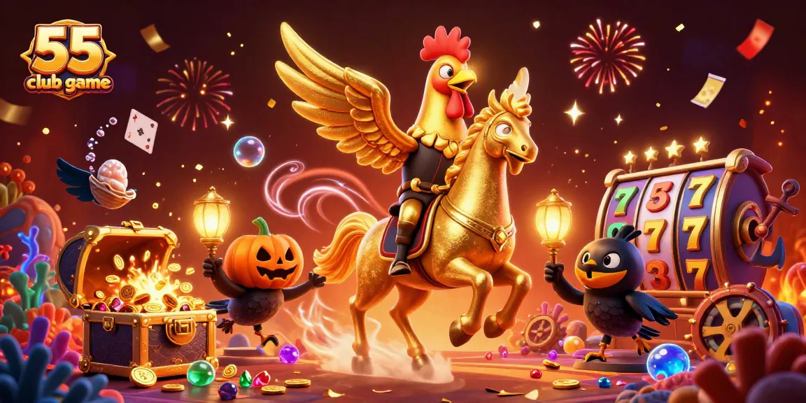 Experience the thrill of the 55 club game with a golden rooster in a vibrant casino scene.