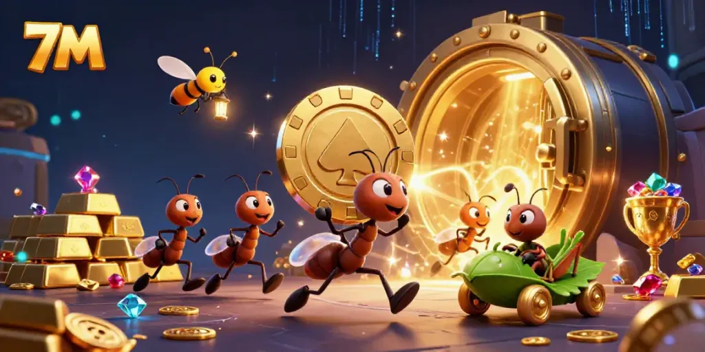Engage in thrilling gameplay with the 7M ants heist scene filled with gold and excitement.