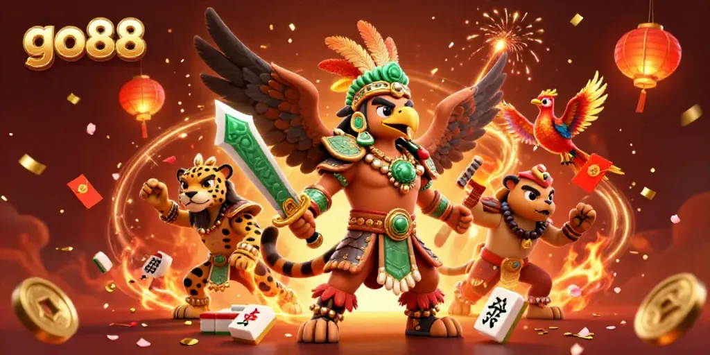 Experience the excitement of go88 casino with animated Aztec warriors and festive elements.
