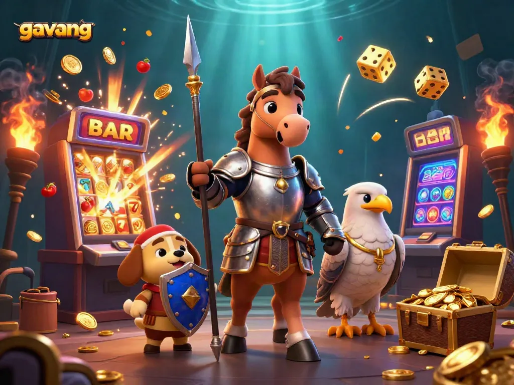 Experience thrilling gambling action with the gavang branded knight and puppy amidst casino chaos.