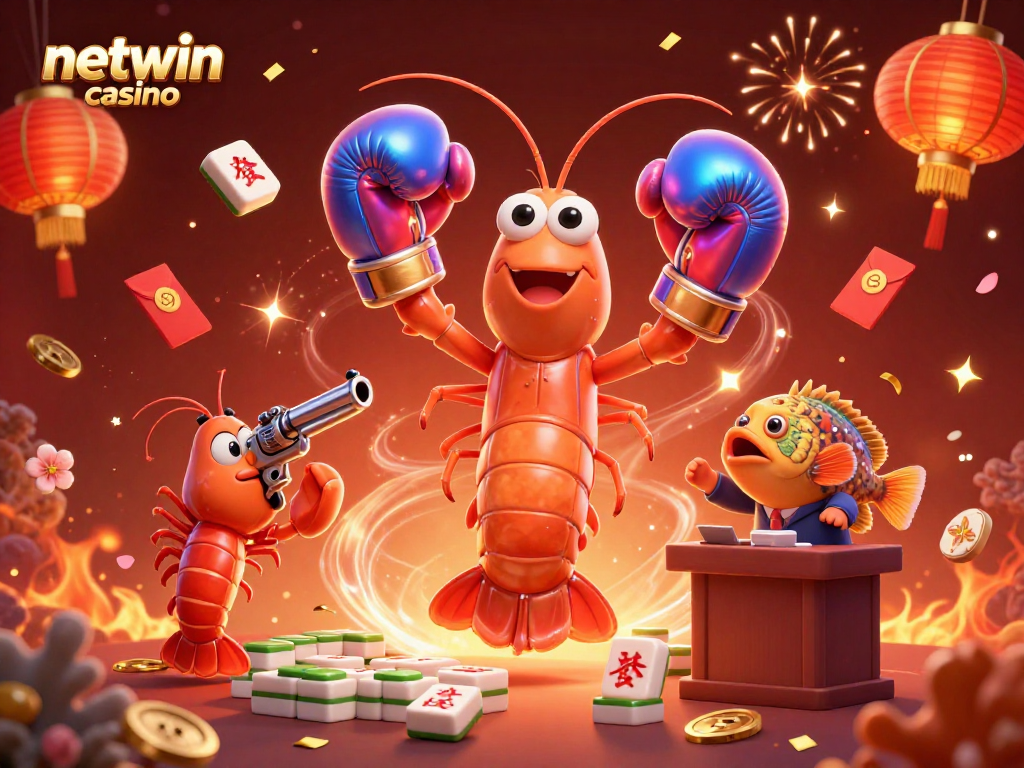 Experience gaming thrills at netwin casino with vibrant shrimp characters amidst colorful gambling elements.