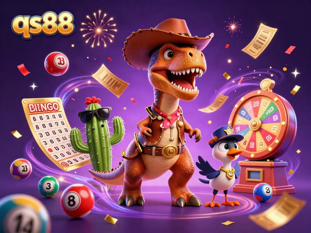 Experience the excitement of qs88 with vibrant lottery elements and a dynamic 3D casino scene.