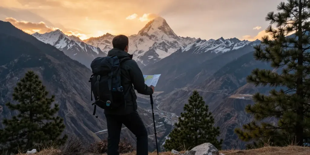 Vista del Manaslu Trek con un viajero en un mirador al atardecer