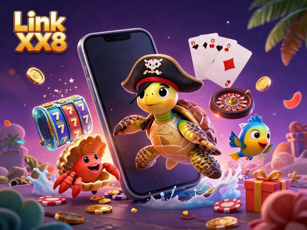 Engaging scene with Link XX8 featuring a pirate turtle and casino elements like slot games and poker chips.