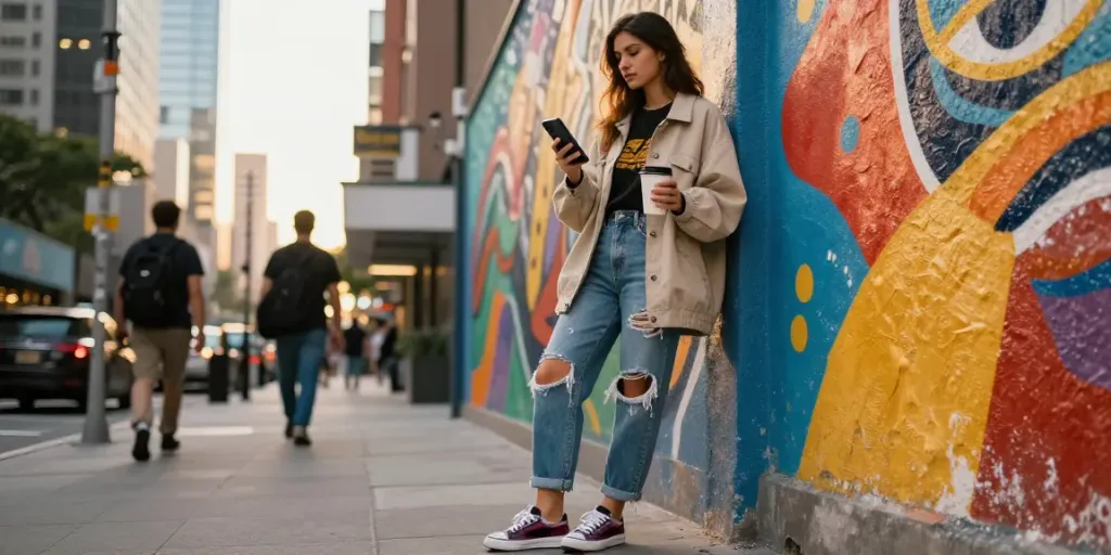 Fashionable young woman in urban setting, showcasing rokok88 street style amidst vibrant mural.