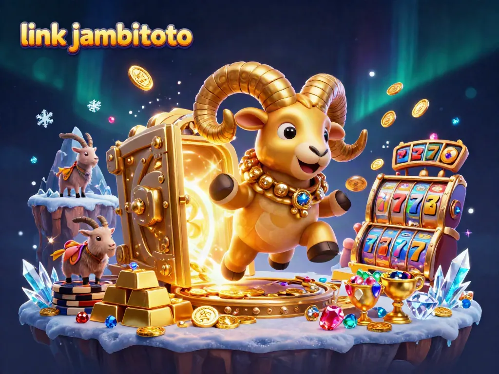 Spin to win at link jambitoto with the golden ram charging through treasures in an exciting casino scene.