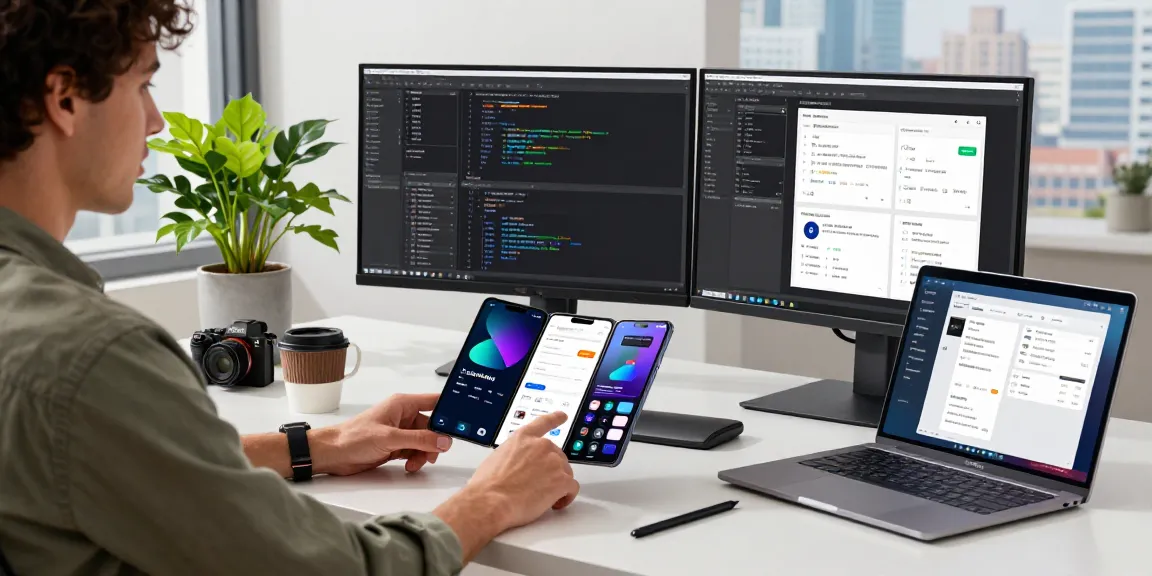 A user exploring a tri-fold phone in a modern workspace, showcasing innovative tech integration and productivity.