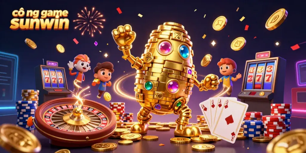 Engage with the thrilling dynamics of cổng game sunwin, featuring a golden golem amidst cascading coins and a spinning roulette wheel.