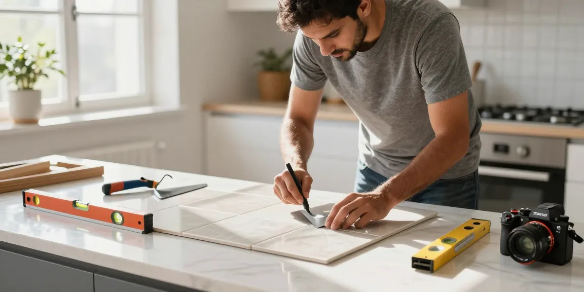 فني سيراميك باكستاني يقوم بتركيب بلاط سيراميك بدقة في مطبخ مضيء.