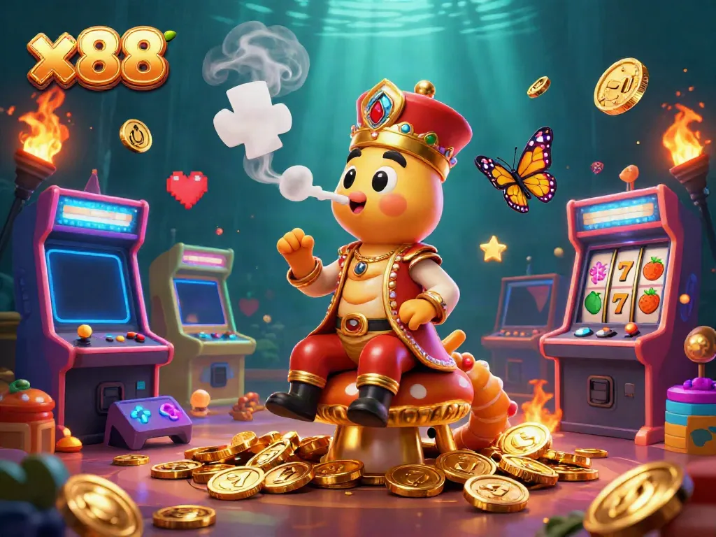 Experience x88 excitement with a 3D illustration of a casino-themed caterpillar character and vibrant gaming elements.
