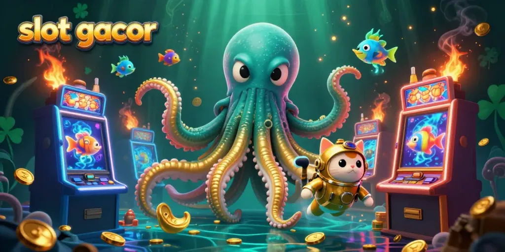 Visualisasikan slot gacor dengan karakter kartun dari kraken dan kucing penyelam, dikelilingi mesin slot 3D berkilau.