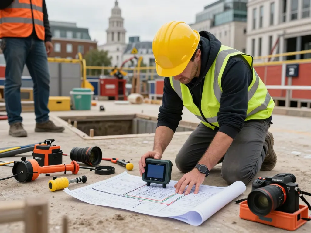 Underground Utility Mapping London: Surveyor using GPR technology at a construction site.