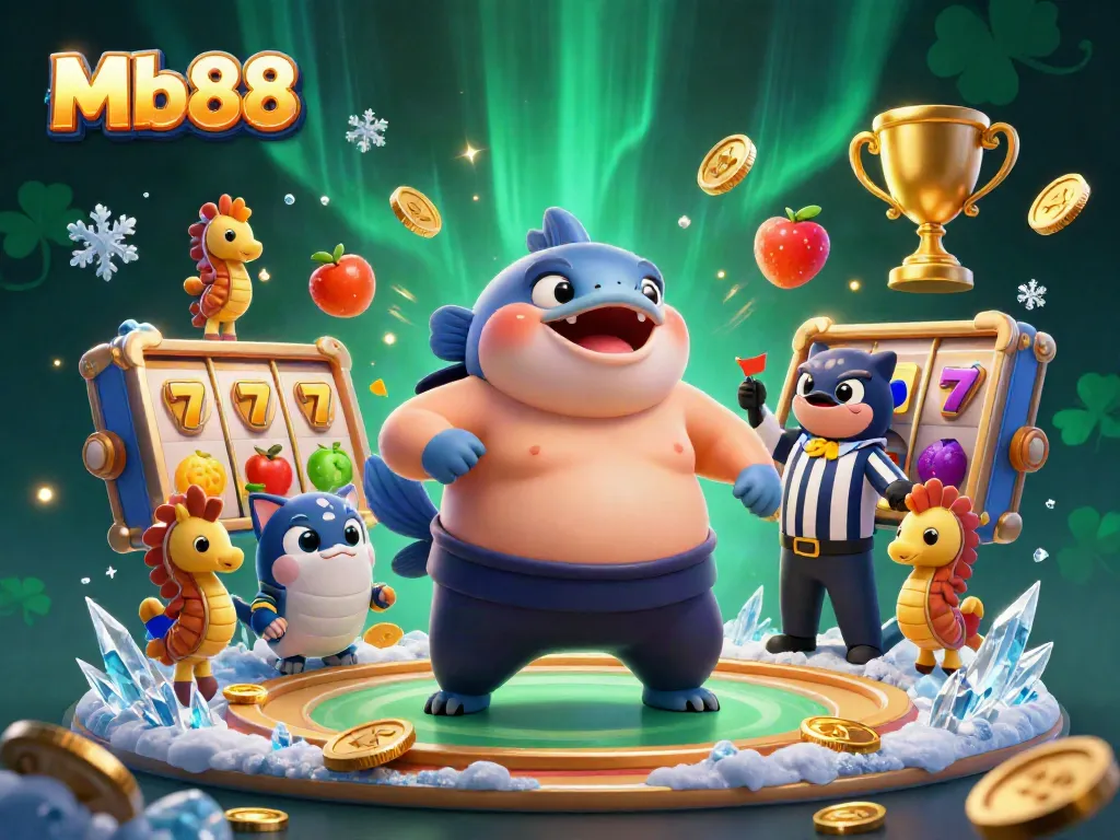 Mb88 showcases a thrilling 3D casino scene with a fugu fish protagonist, slot reels, and vibrant underwater action.