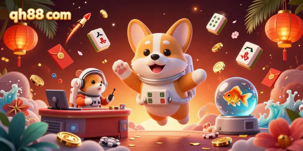 Experience gaming thrills with qh88 com as a corgi astronaut explores a casino in space.