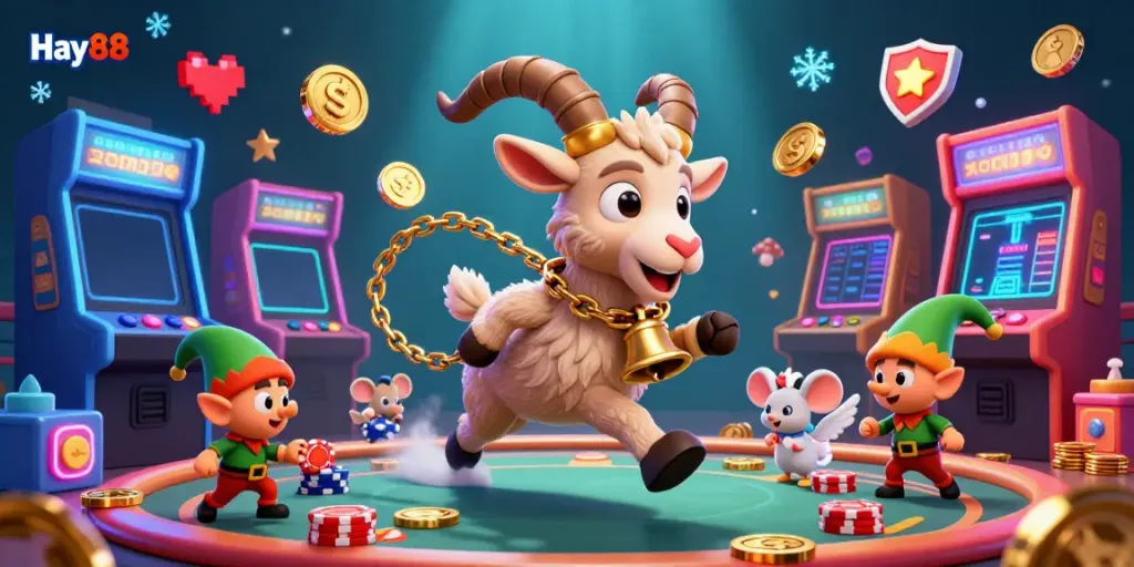 Experience the festive chaos of Hay88's casino with charming characters and vibrant visuals.