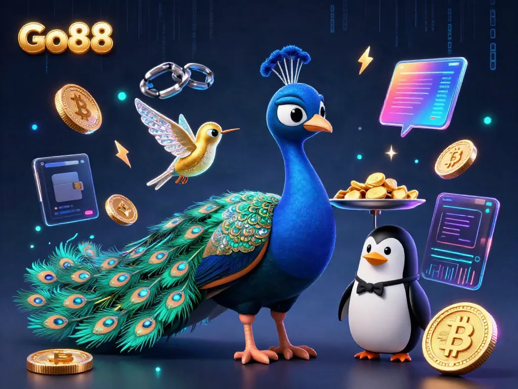 Experience Go88's vibrant gaming world with a dazzling peacock, a butler penguin, and golden chips in this stunning 3D illustration.