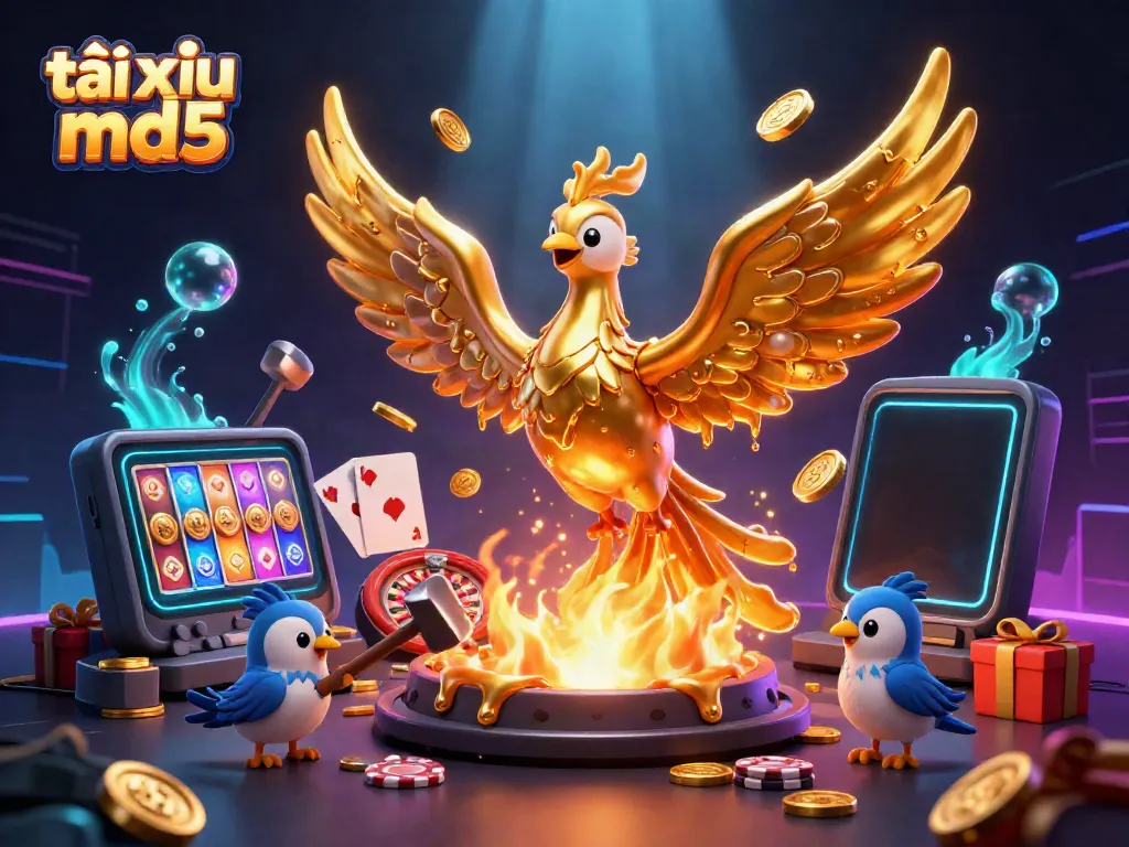 Experience the excitement of tài xỉu md5 with vivid casino elements and a molten gold phoenix.