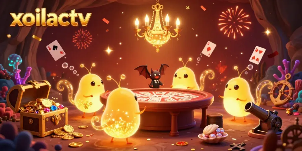 Experience the excitement of xoilactv in a vibrant 3D casino scene with bioluminescent glowworms and underwater treasures.