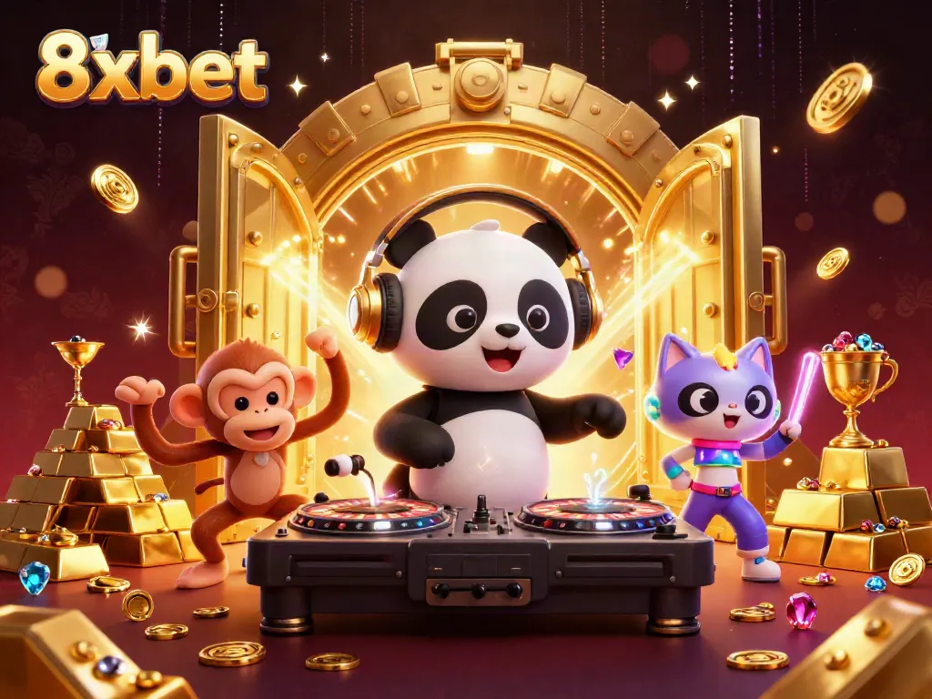 Engage in thrilling casino fun with 8xbet's vibrant gaming scene featuring dynamic characters and rich gold elements.