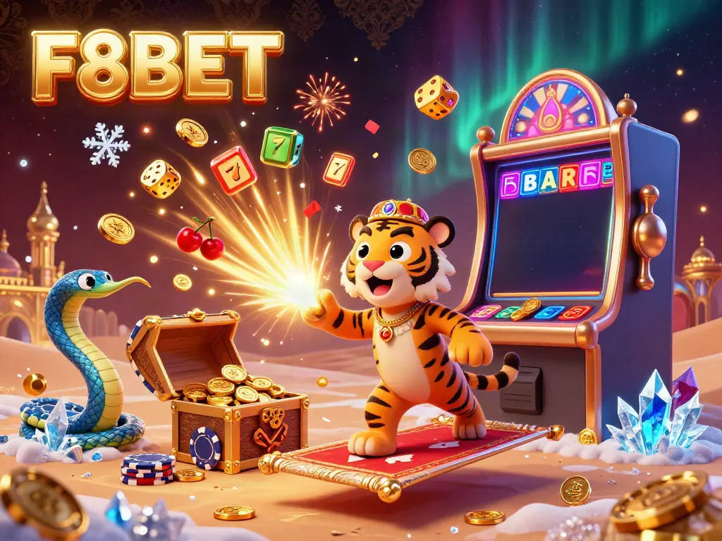 Experience F8BET with captivating characters and vibrant casino game elements amidst a lavish backdrop.