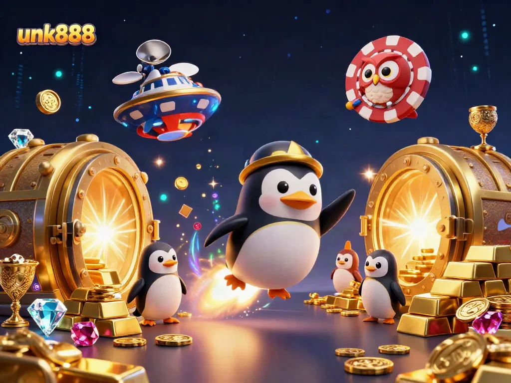Experience luck and excitement with the golden penguin and treasures in the unk888 casino universe.