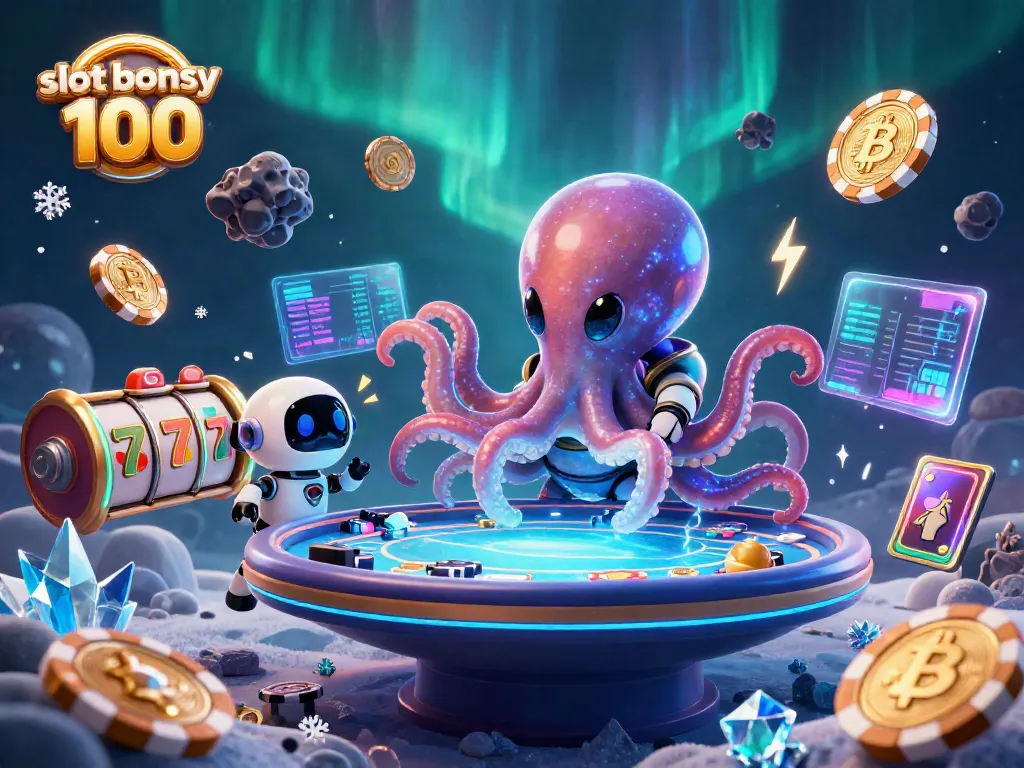 Engage with slot bonus 100 as the alien octopus plays at a holographic poker table in a cosmic casino setting.