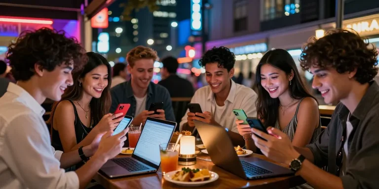 Group enjoying nightlife with nsfw content discussions at a lively bar, vibrant urban setting.