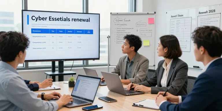 Team discussing cyber essentials renewal in a professional office setting with digital compliance materials.
