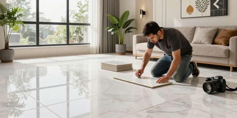 فني سيراميك باكستاني يقوم بتركيب سيراميك بأعلى جودة في غرفة معيشة أنيقة