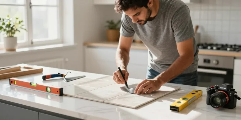 فني سيراميك باكستاني يقوم بتركيب بلاط سيراميك بدقة في مطبخ مضيء.