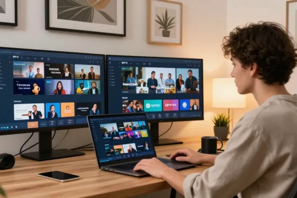 Trusted IPTV UK reseller working in a professional local office environment with multiple screens, showcasing community service.