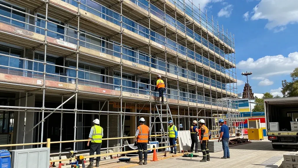 Commercial scaffolding in action during building renovation in London, showcasing professional construction safety practices and teamwork.
